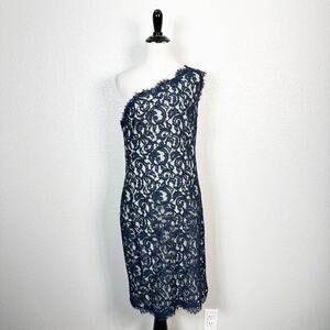 Tadashi Shoji Womens One Shoulder Lace Cocktail‎ Dress in Navy Blue Size 10